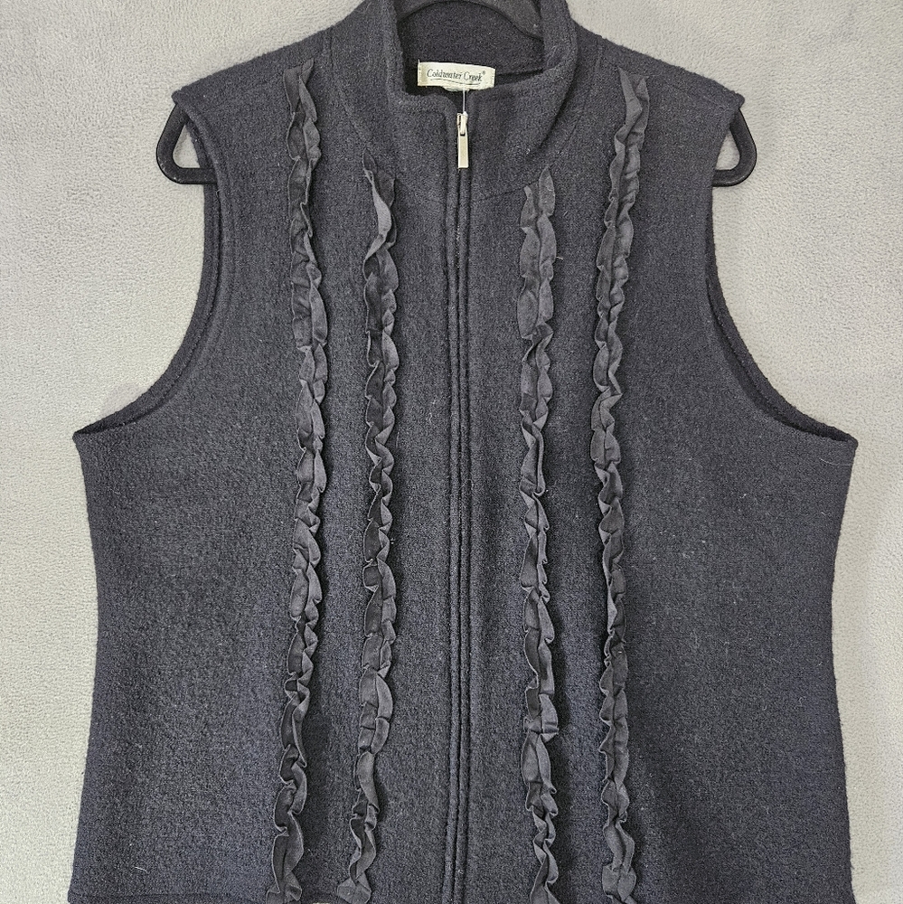 Vintage Coldwater Creek Womens XL Full Zip 100% Wool Vest Ruffles Black